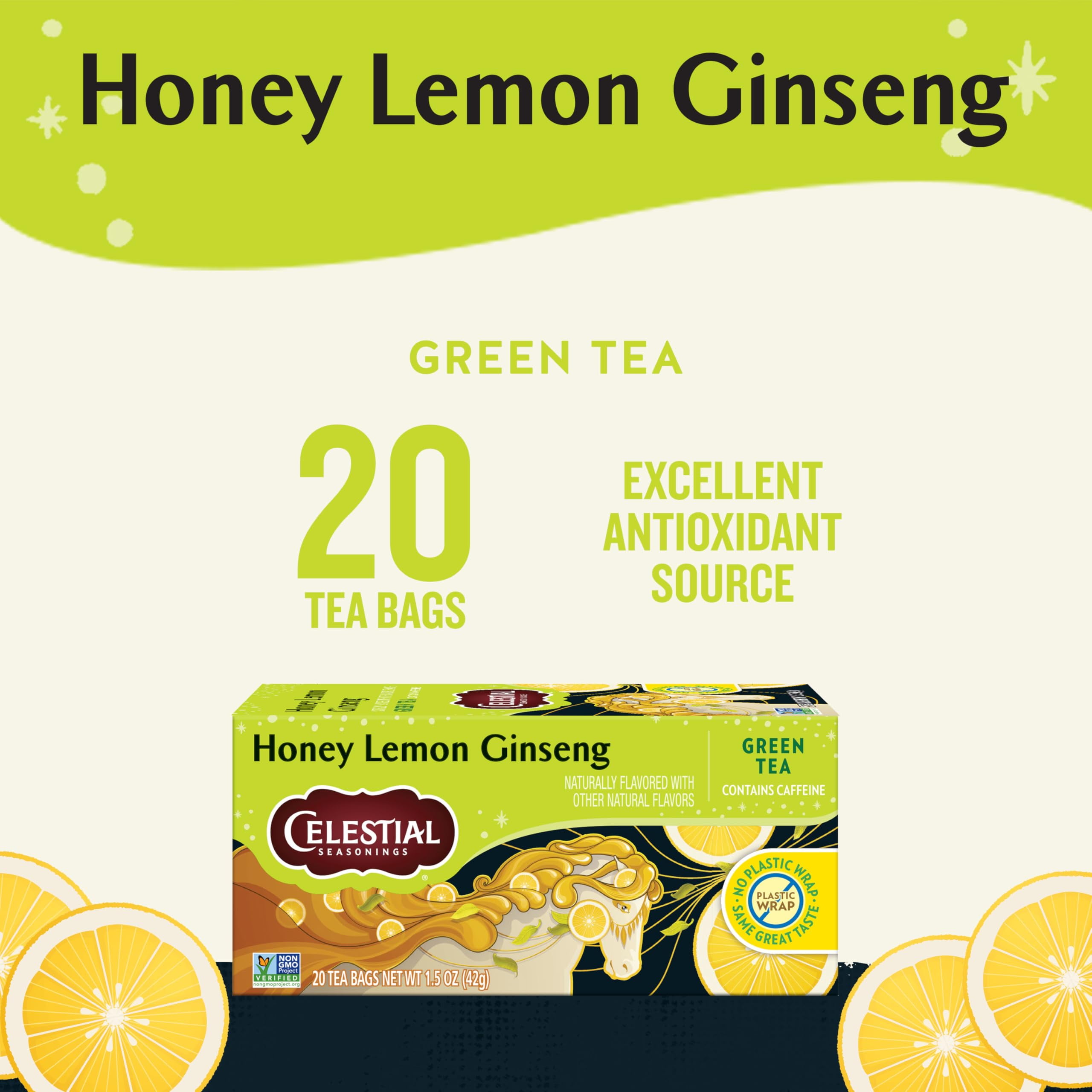 Honey Lemon Ginseng Green Tea, Caffeinated, 20 Tea Bags Box, (Pack of 6)