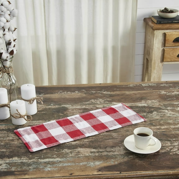 VHC Brands Farmhouse Christmas Decorations for Dining Room Kitchen Linens - Annie Red & White Check Table Runner - 8 x 24 Inches Long