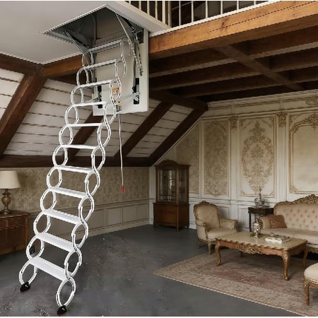 Ceiling Mount Attic Ladder, Retractable Attic Ladder Ceiling Pull Down System, 12 Steps Folding Loft Step with Armrests, Hidden Mount Attic Extension Stairs for Garage