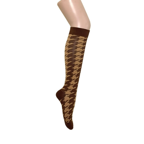 Novelty Houndstooth Pattern Women Knee High Tube Socks in Brown with Beige Color