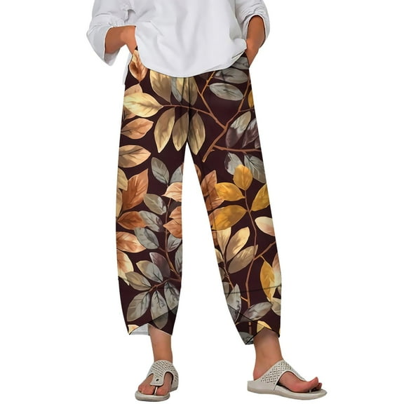 CLOOCL Trousers Women Baggy Pants Vintage Fall Leaves Print Wide Leg Pants Oversize