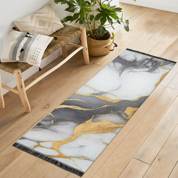 Runner Rug 2'x6' Hallway Area Rugs Marble Gray and Golden Vintage Non Slip Entryway Runner Carpet with Tassels Living Room Bedroom