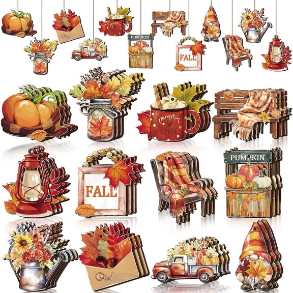36 Pcs Fall Tree Decorations Thanksgiving Tree Ornaments Pumpkin Gnome Leaf Truck Wood Cutouts Autumn Harvest Hanging Decoration for Holiday Party Supply