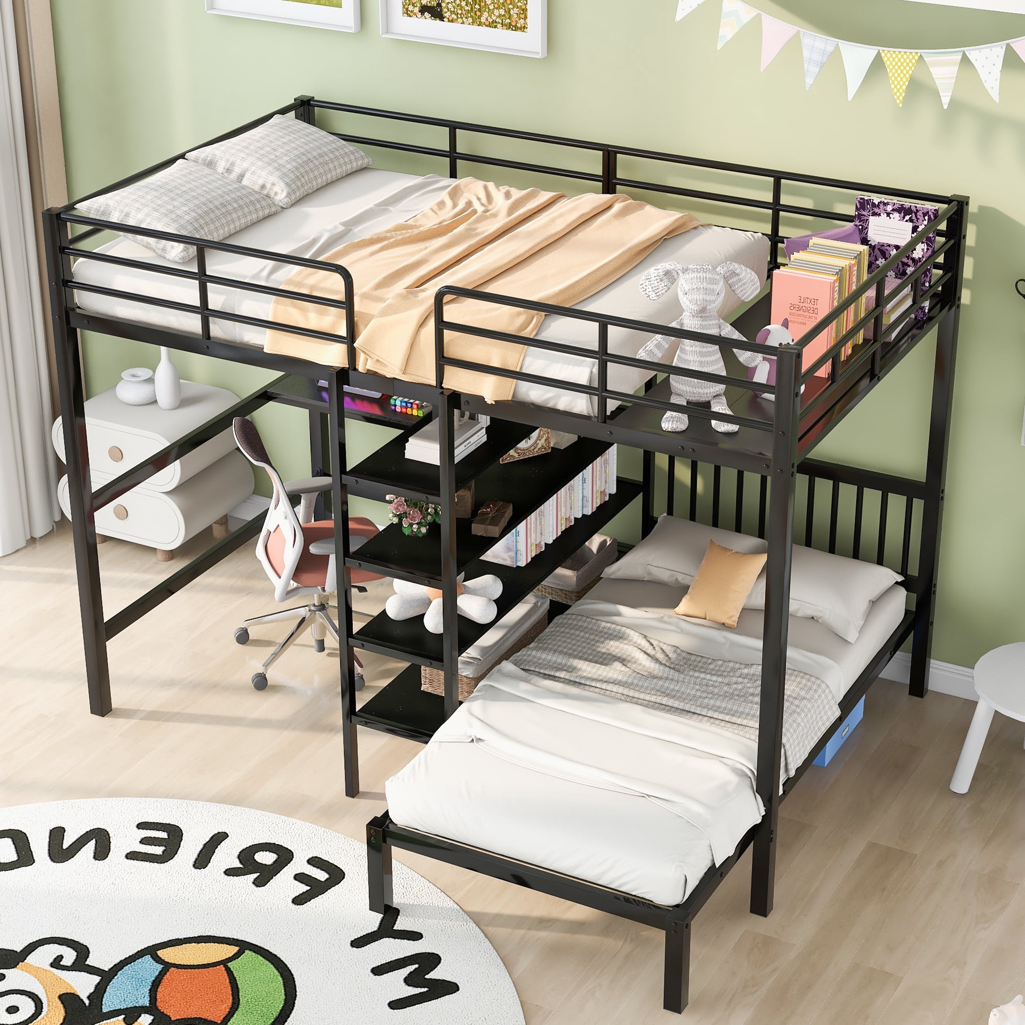 Full Over Twin Bunk Bed with Built-in Desk and Storage Shelves,L-Shape Heavy-Duty Metal Bunk Bed w/Staircase & Safety Guardrail,for Bedroom Boys Girls Adults,Black