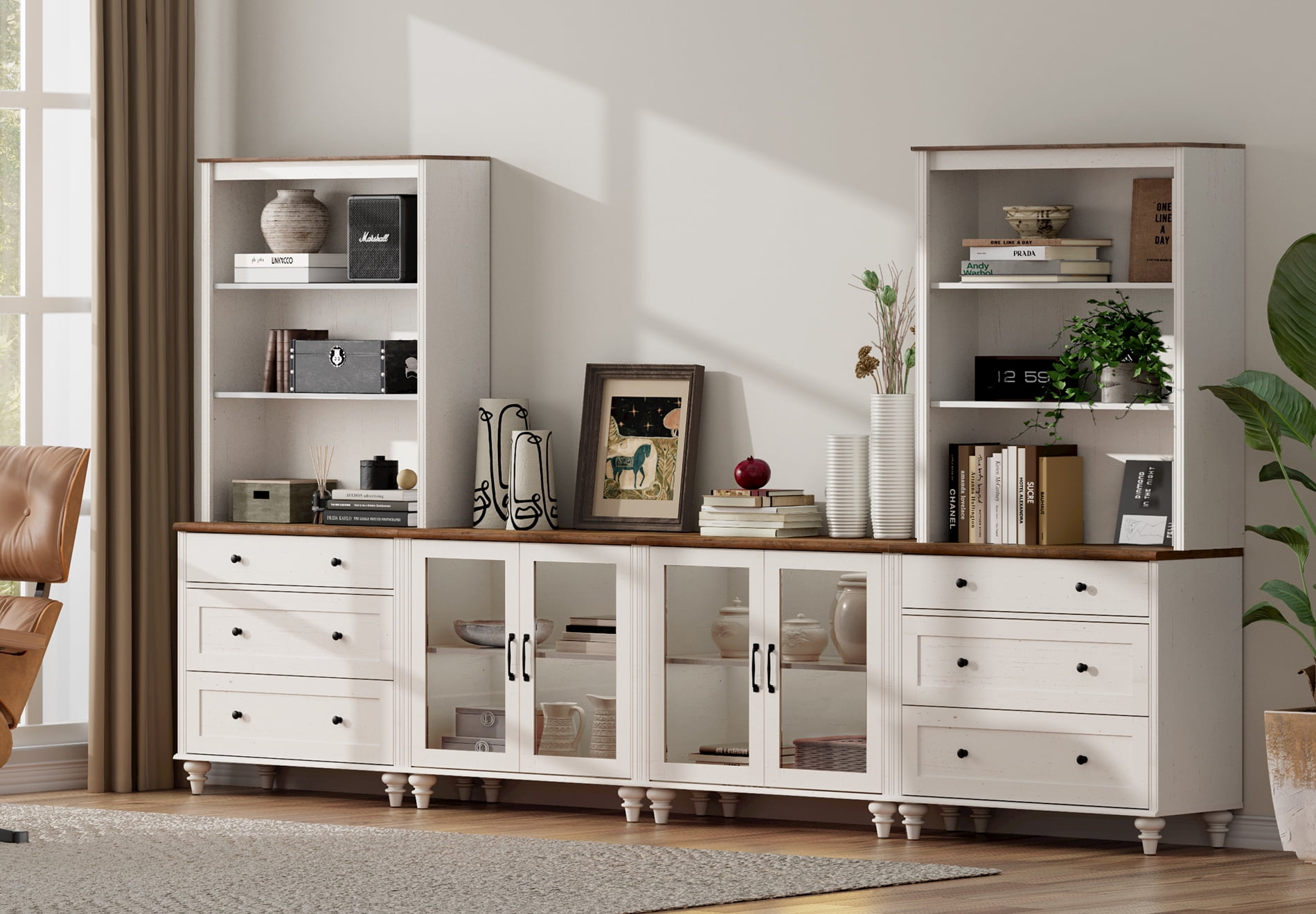 Entertainment Center with Bookshelves with Glass Doors & Drawer, Farmhouse Wall Unit TV Stand for TVs up to 75", Media Console Table for Living Room, Bedroom & Home Theater, White