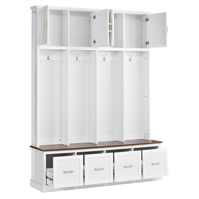 Farmhouse Hall Tree Entryway Storage Bench with Top Storage Cabinets, Mudroom Organizer Shoe Bench with 4 Drawers, Entryway Coat Rack with Hooks for Living Room Hallway