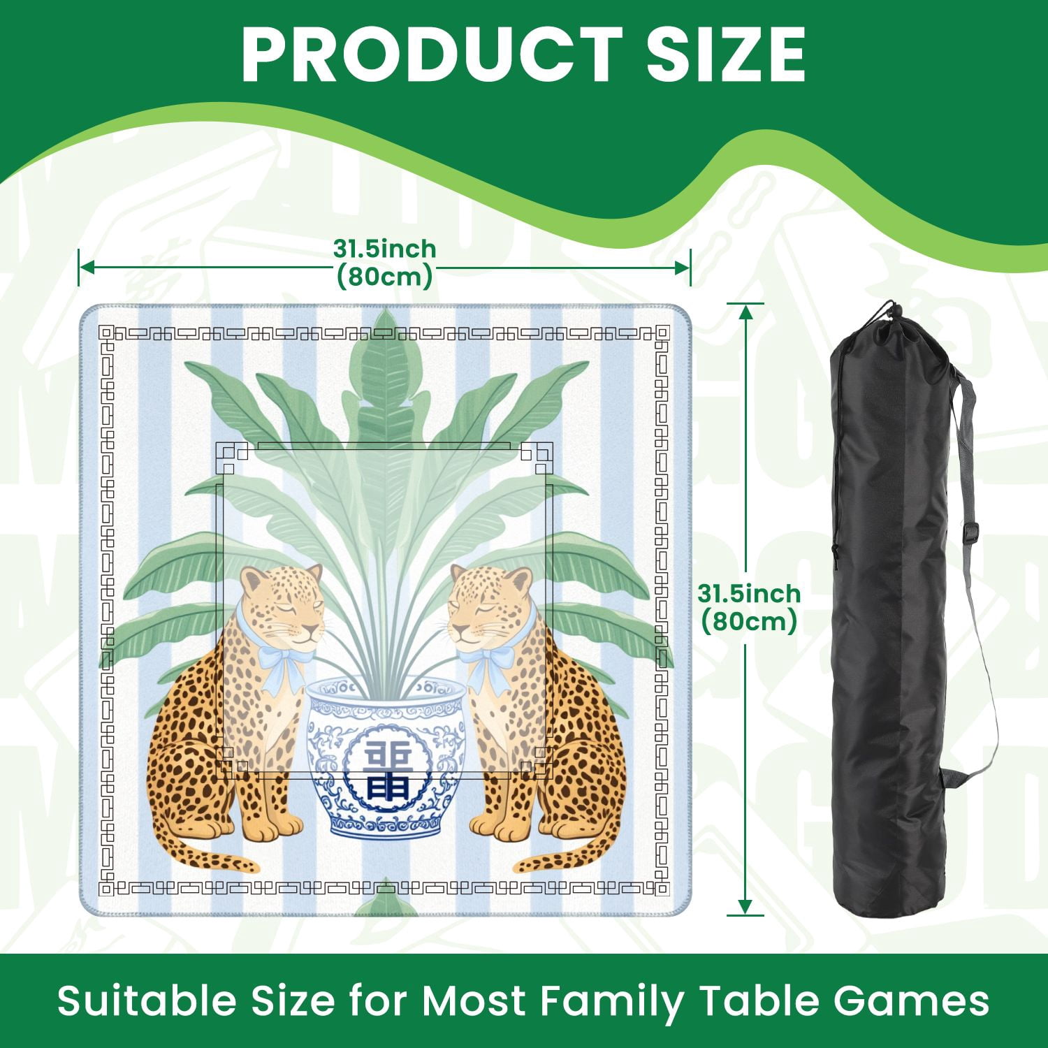 Mahjong Mat 31.5" x 31.5" Two Leopards Blue Bows Potted Plant Striped Non-Slip Noise Reduction American Mahjong Tiles Table Cover for Dominoes Poker Card Board Games Gift