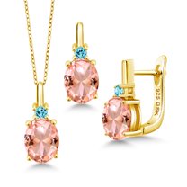 Gem Stone King 18K Yellow Gold Plated Silver Peach Nano Morganite and Swiss Blue Topaz Pendant Earrings Set for Women (6.08 Cttw, with 18 inch Chain)