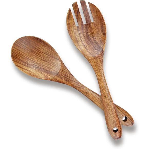 AOOSY Acacia Wood Salad Tongs - 10.2 Inch Serving Utensils Set - Dinner Fork and Spoon - Long Handle Salad Server Set - Kitchen Cooking Utensil