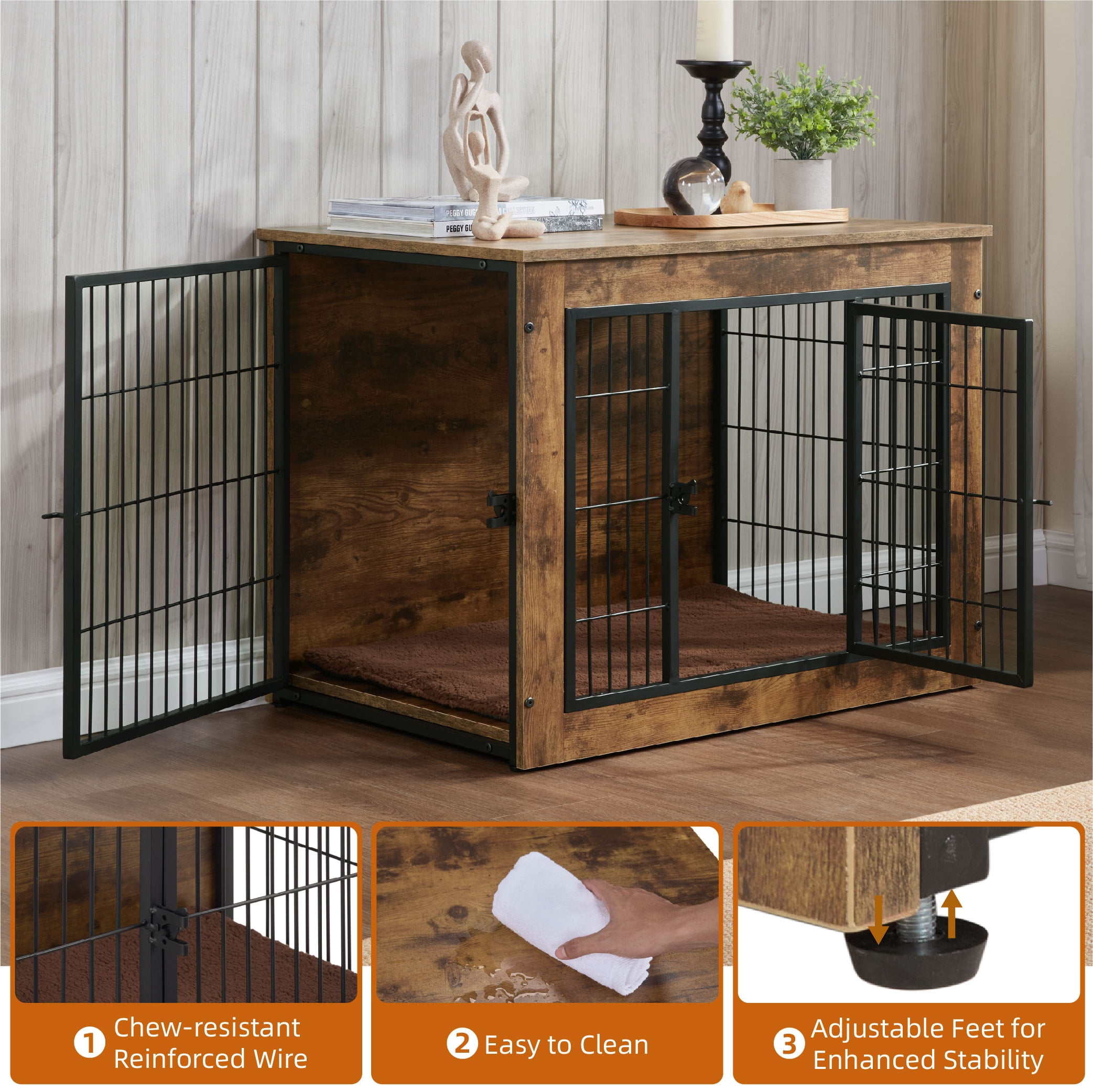 MAYEERTY 40" Wooden Dog Crate Furniture with Cushion, Double Doors for Small/Medium Dogs, Rustic Brown