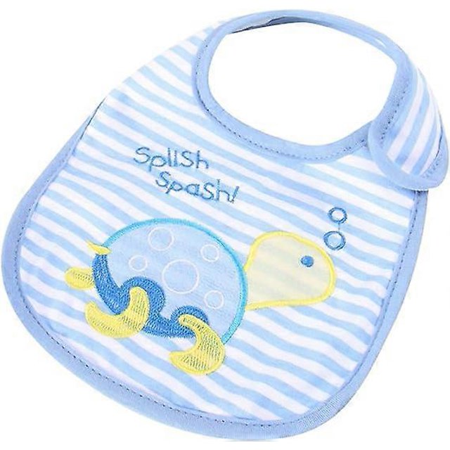baberos para bebé baberos bebé baberos algodón babero baba baberos algodón babero comedor bebé babero saliva baba boca 28cm azul babero de algodón azul 28 cm, vista frontal centrada con cierre de velcro; forma clásica con ribete celeste y fondo de rayas blancas y celeste. Bordado de tortuga infantil en amarillo y azul, burbujas y texto 'Splish Spash'; tejido de algodón visible. Diseño para comedor y control de saliva, estilo de dibujos animados; suele caber en bolsas de pañales.