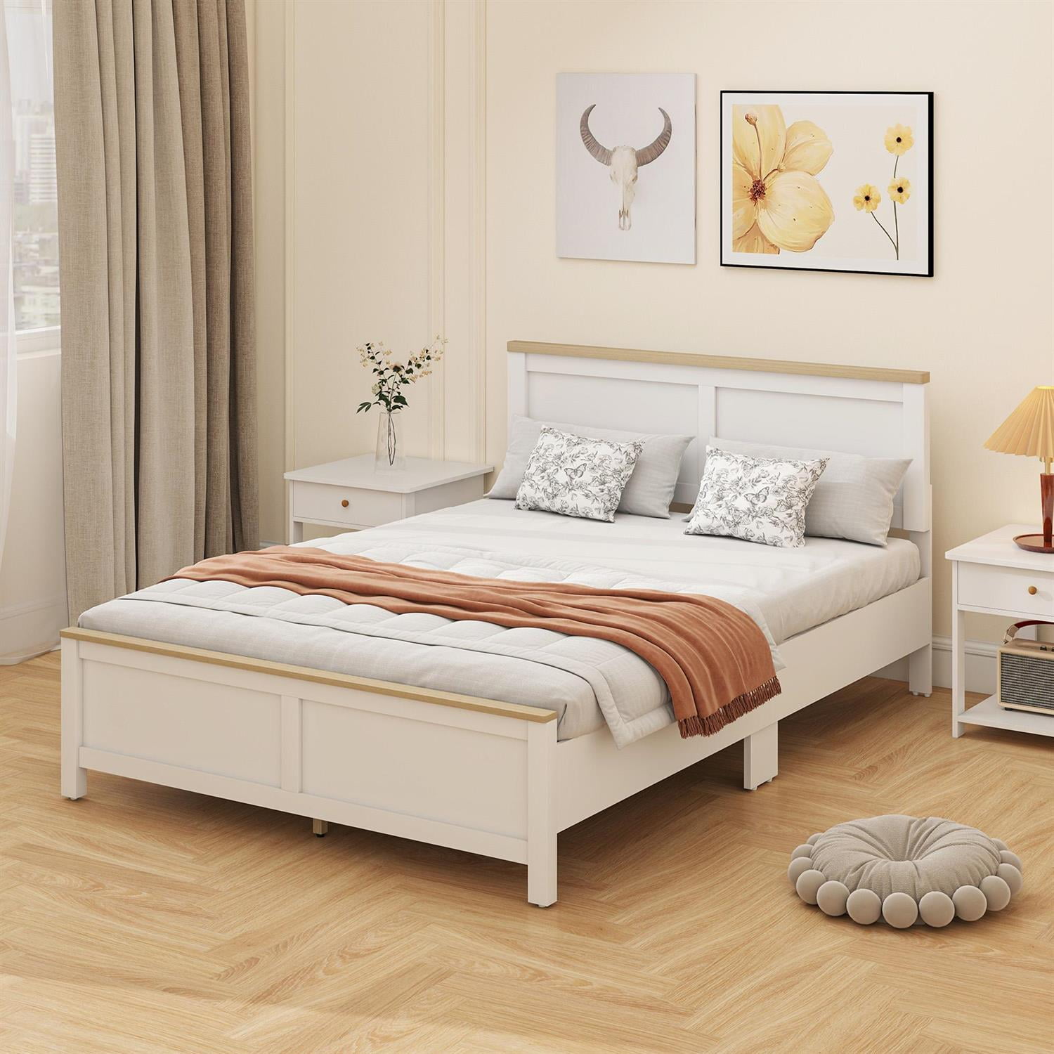 Demi Bonn Modern Full Bedframe with Headboard, WoodSlat Design NoBoxSpringRequired, EasyAssembly Bed for Bedrooms, White