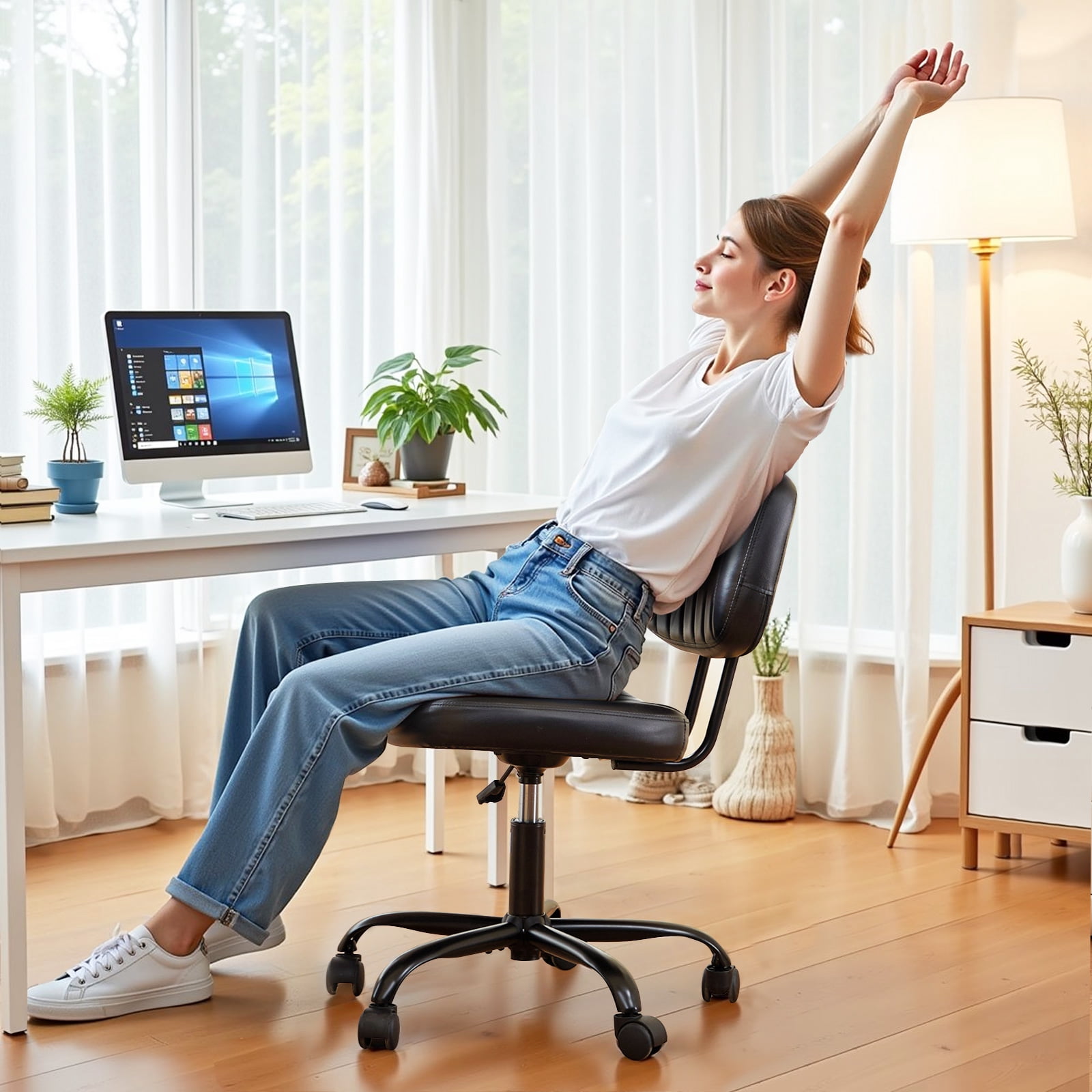 Cute Task Chair, Adjustable Armless Activity Chair with Wheels, Comfy Low Back Swivel Desk Chair, Black