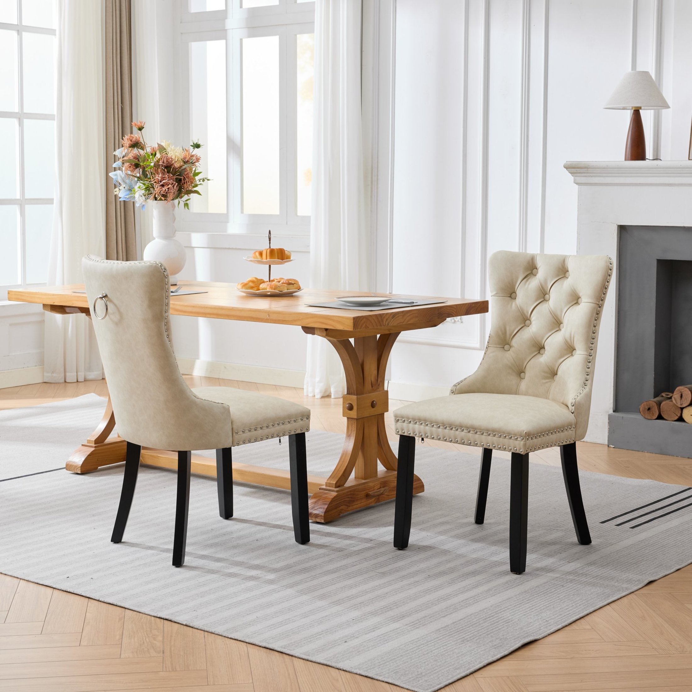 GDF Studio 24.4" Vintage Dining Chairs Set of 2 with PU Upholstery, Button-Tufted High Back, Beige