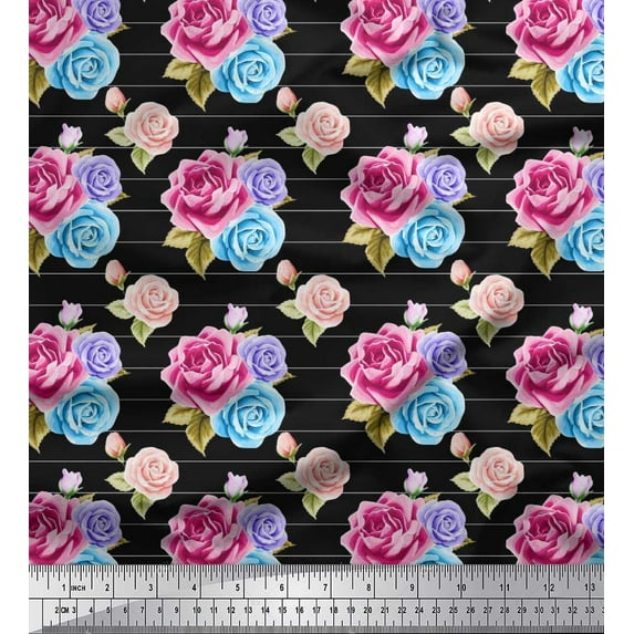 Soimoi Polyester Crepe Fabric Stripe,Leaves & Rose Floral Fabric Prints by Yard 42 Inch Wide