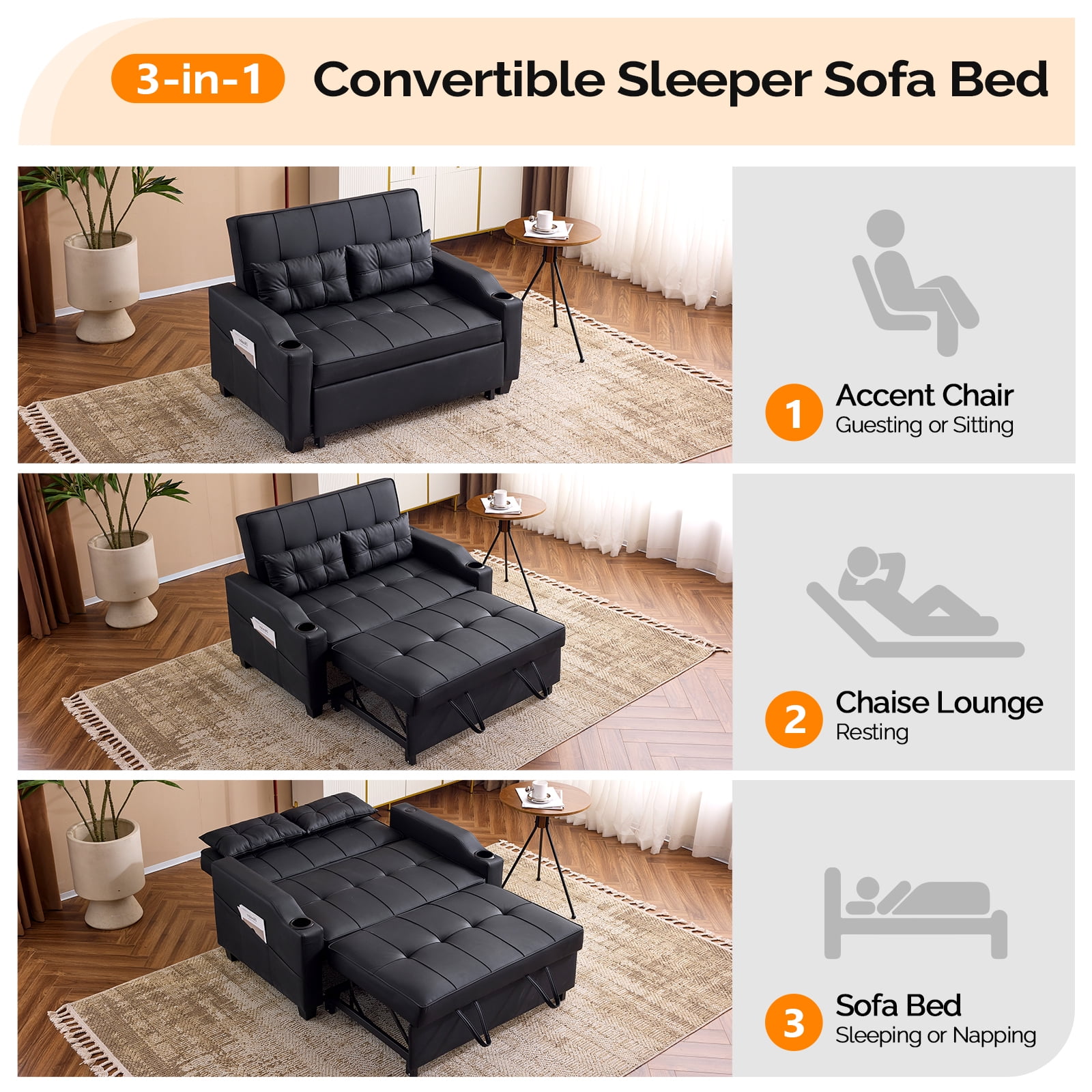 Ktaxon Faux Leather Loveseat Sofa Bed with Side Pockets, Adjustable Backrest Lounge for Living Room, Game Room Black