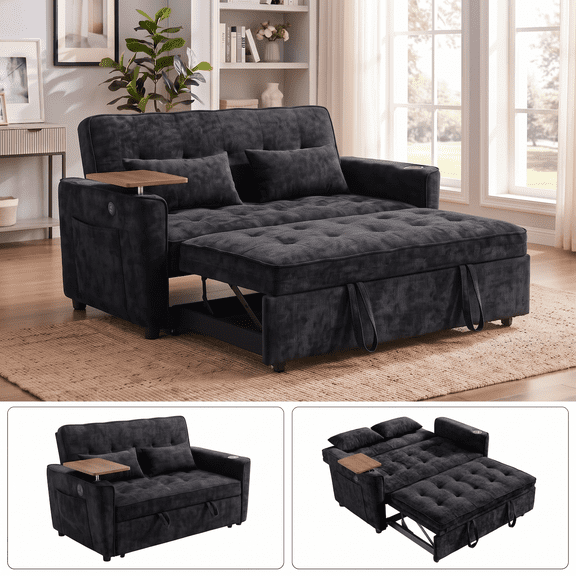 Xiweot 54" Sleeper Sofa Bed, Convertible Pull Out Couch for Living Room Apartment, Chenille Loveseat Sleeper with Adjustable Backrest, USB Ports, Cup Holders & Side Table, Easy Assembly (Black)