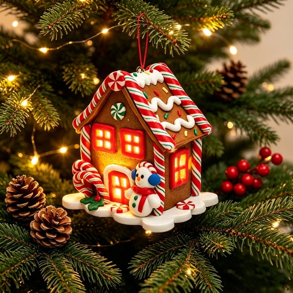 Racsoh Christmas Tree LED Gingerbread House Ornament, Warm Light Village Display Hanging Decor, for Home Mantel Xmas Party Holiday Decor (A)
