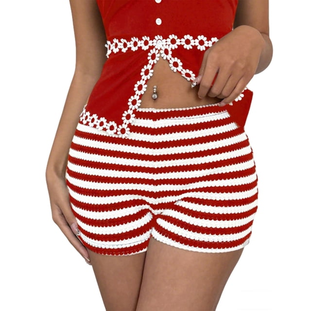 Pantalones Elásticos de Cintura para las Mujeres de Verano Moda Raya Cortos Casuales Poliéster Cordón Cierre
