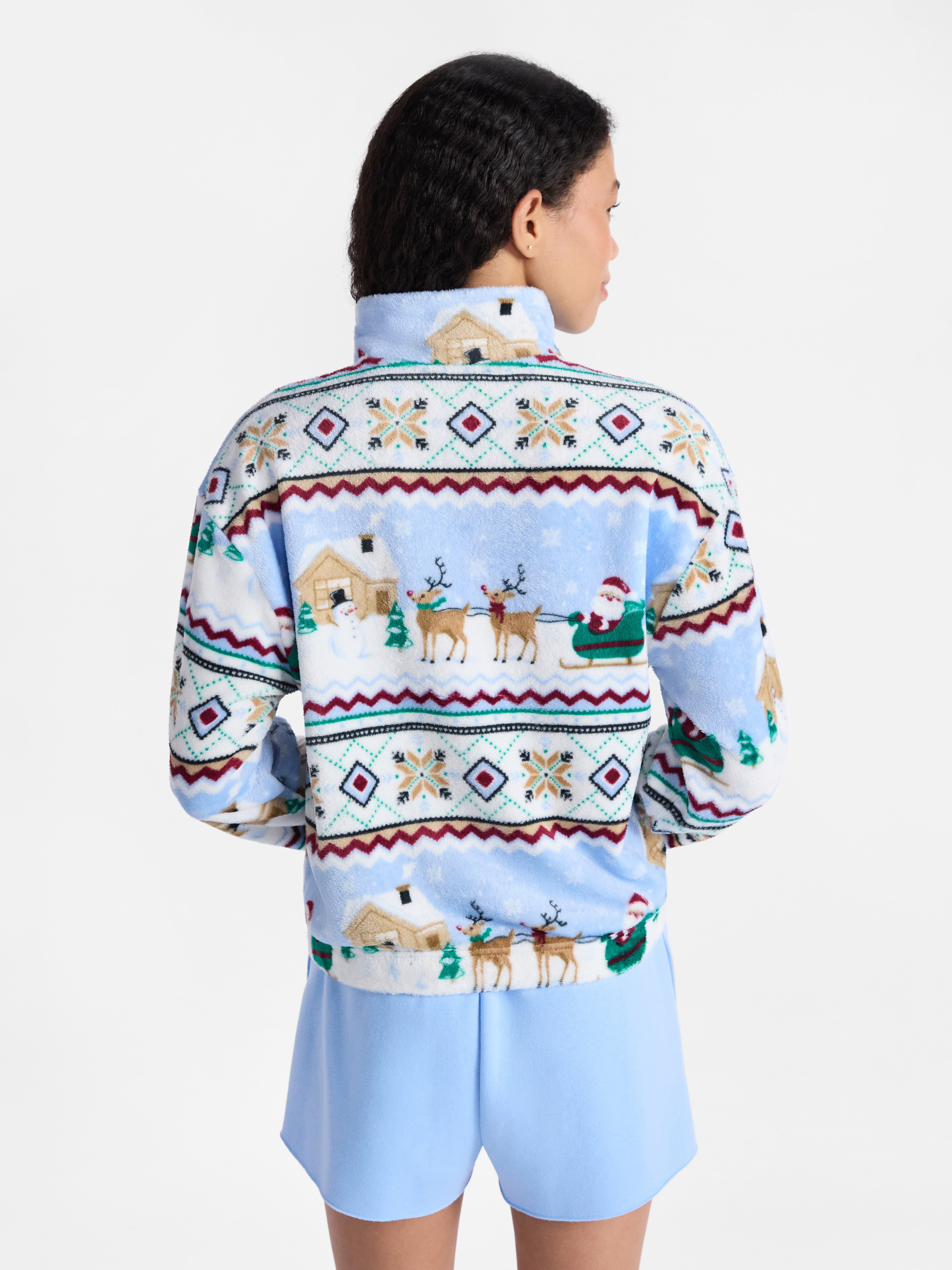 No Boundaries Christmas Quarter Zip Mock Neck Plush Top with Long Sleeves, Women's