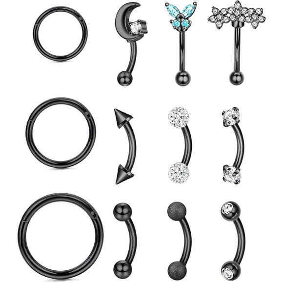 shiyou-18Pcs 16G Eyebrow Piercing Jewelry for Women Men, Eyebrow Rings Rook Earrings Rook Piercing Jewelry Belly Lip Ring Curved Barbells Eyebrow Piercing Cartilage Daith Helix Tragus Body Piercings,