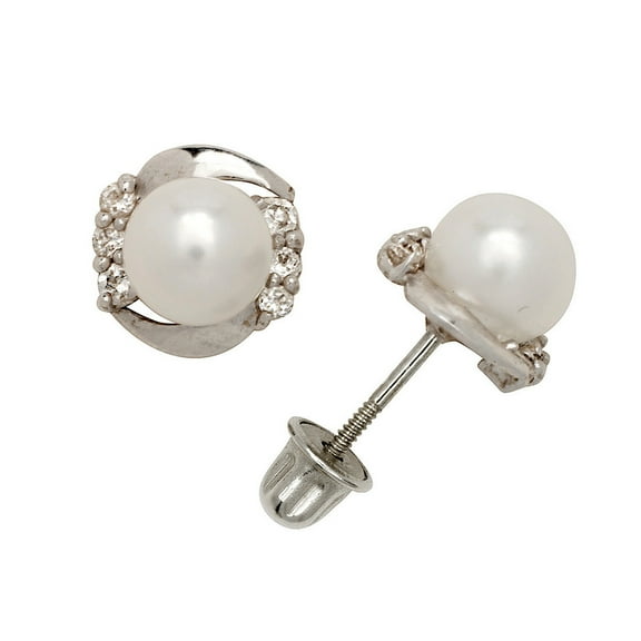 Solid 14k CZ Gold Three Stone Round Pearl Screw Back Stud Earrings (yellow and White) (White Gold)-Stud Earring for Wome