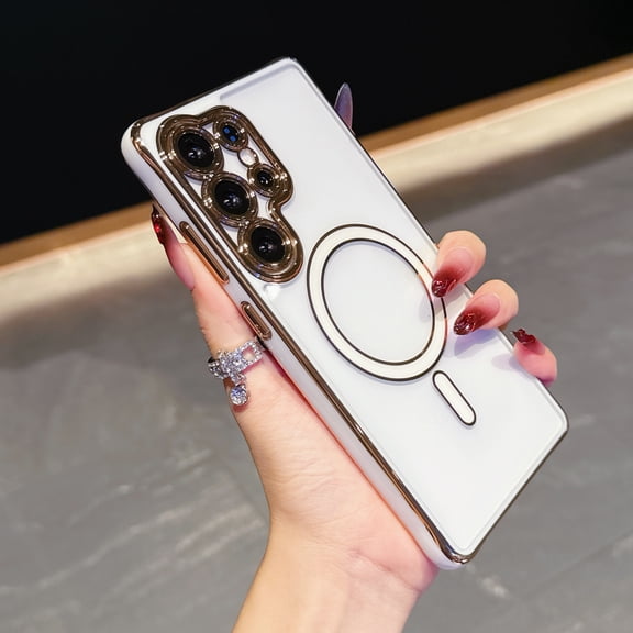 Compatible with MagSafe For Samsung Galaxy S24 FE Case,Clear Phone Case with Luxury Rose Gold Electroplated Bumper & Camera Lens Protection, Slim Shockproof Cover for Women Girls,White