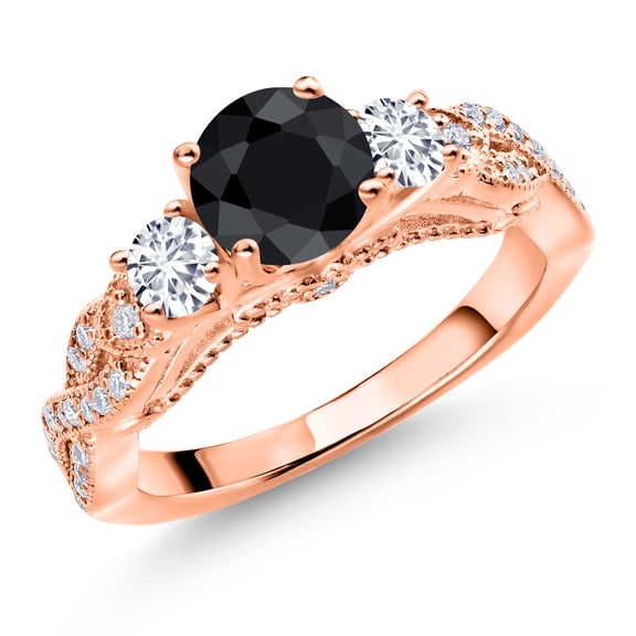 Gem Stone King 18K Rose Gold Plated Silver Black Sapphire White Lab Grown Diamond and White Moissanite Engagement Ring for Women (1.62 Cttw, Gemstone September Birthstone, Round 6MM and 3MM, Size 8)
