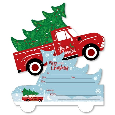 Merry Little Christmas Tree - Shaped Fill-In Invitations - Red Truck Christmas Party Invitation with Envelopes - 12