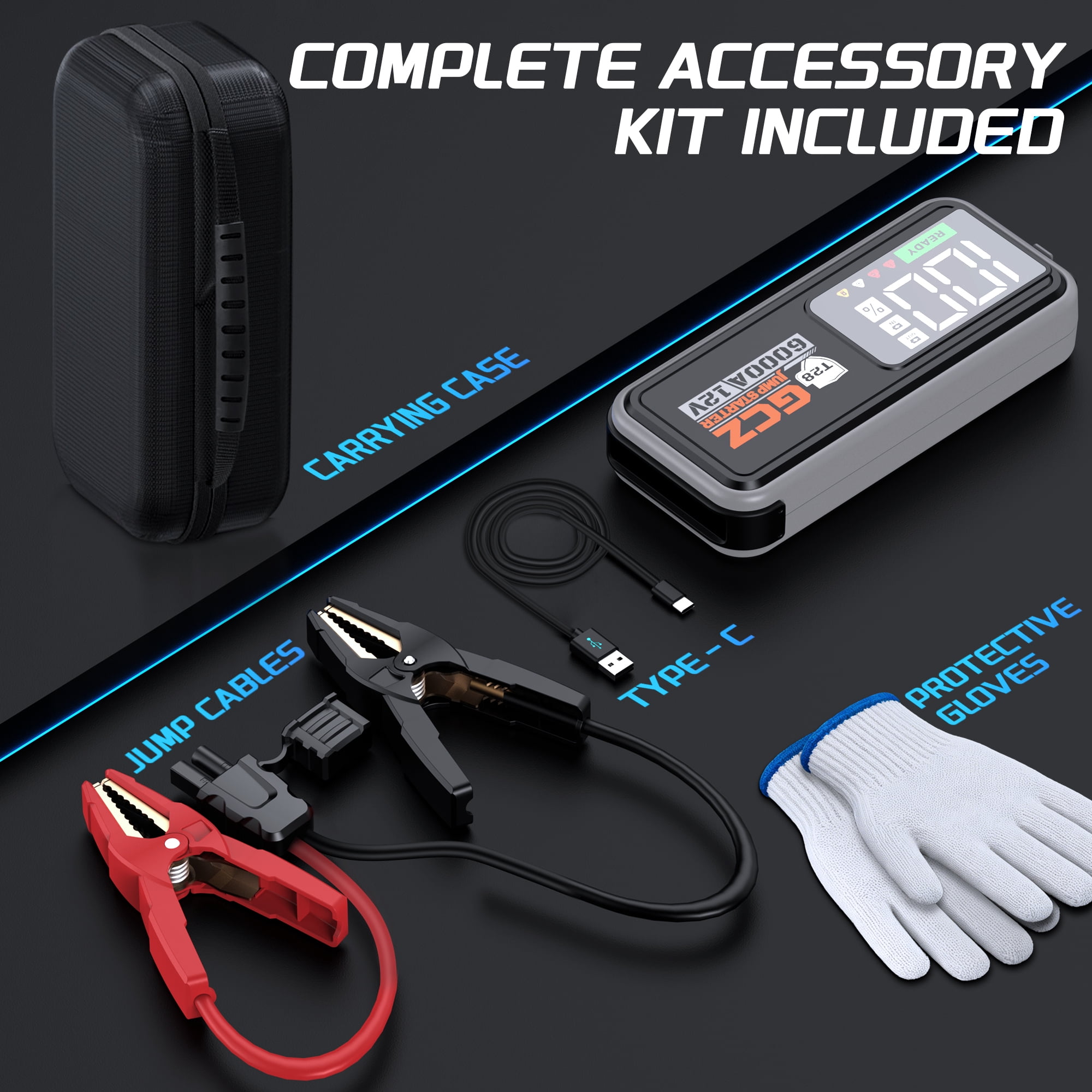 GCZ 6000A Portable Car Jump Starter, 32000mAh Battery Booster for All Gas & Up to 10L Diesel Engines, 12V Auto Jump Box with LED Display, QC3.0 Fast Charging Power Bank, EVA Carrying Case