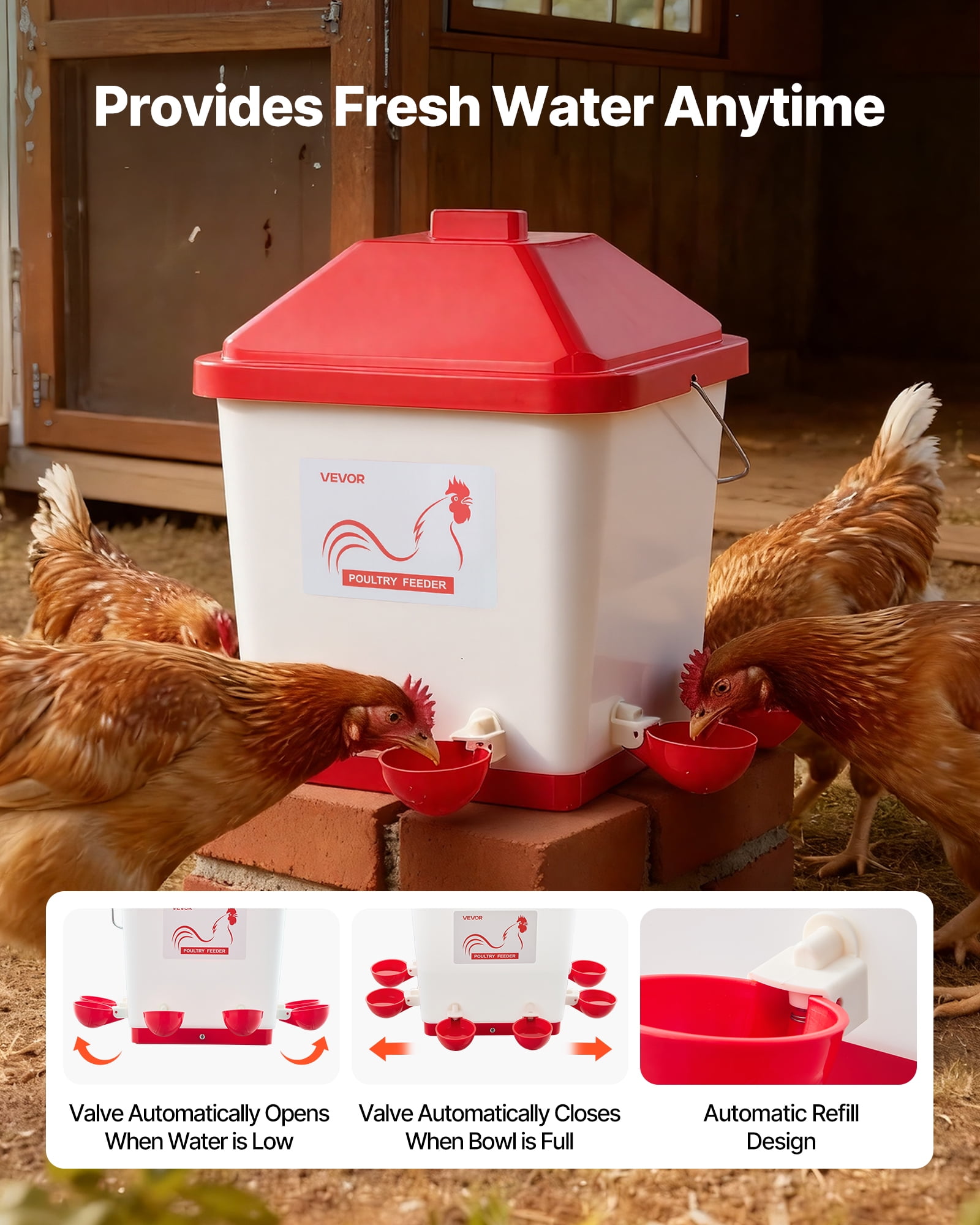 VEVOR 5 Gallon Automatic Chicken Waterer, 6 Water Ports, Automatic-Fill Water Cup, Automatic Gravity Waterer with Handle & Sealed Rubber Ring, Waterproof PP Material, No Waste Design, for Chicken