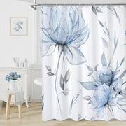Blue and Grey Boho Watercolor Floral Shower Curtain – Ink Painting Style Blossom & Leaf Design for a Chic, Elegant Bathroom. Artistic Fabric Cloth with Flower Patterns, 72x72 Inches.
