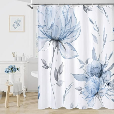 Blue and Grey Boho Watercolor Floral Shower Curtain – Ink Painting Style Blossom & Leaf Design for a Chic, Elegant Bathroom. Artistic Fabric Cloth with Flower Patterns, 72x72 Inches.