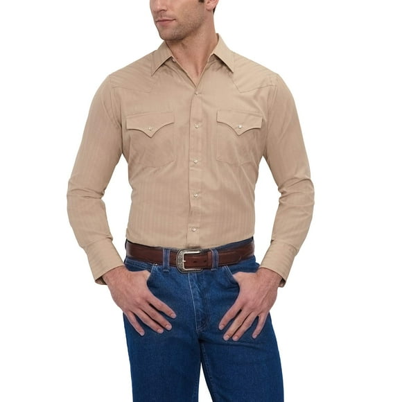ELY CATTLEMAN Men's Long Sleeve Solid Tone on Tone Western Snap Shirt, Khaki, Small