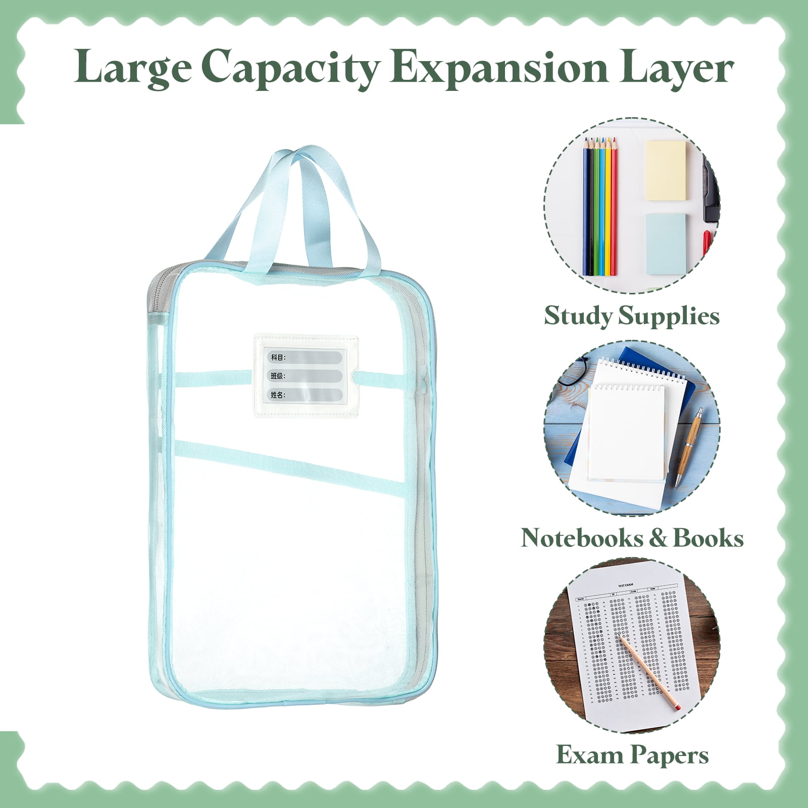 Uxcell Mesh Zipper Pouch, 12.4x9.3" Transparent File Bag Pouch Multi-layer A4 Size Document Bag Organizer with Handle and Support Rod for Office Home Educational, Blue
