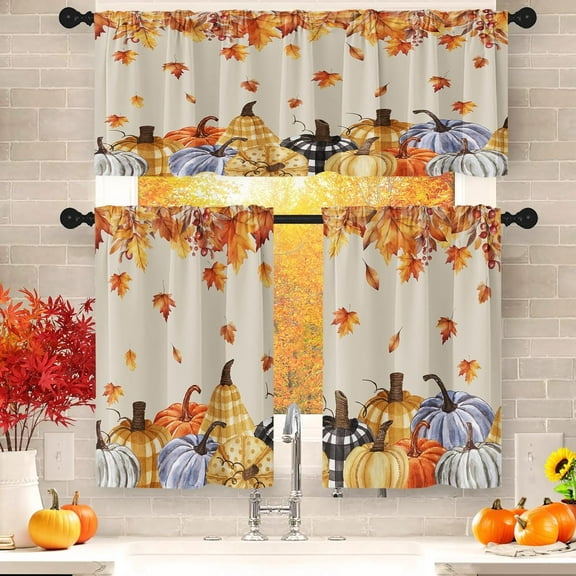 Pumpkin Thanksgiving Fall Kitchen Window Curtains Valance and Tier Set 36 Inch, Autumn Vintage Orange Maple Leaf 3 Piece Window Treatment Tiers for Living Room Bedroom Kitchen Decor Drapes