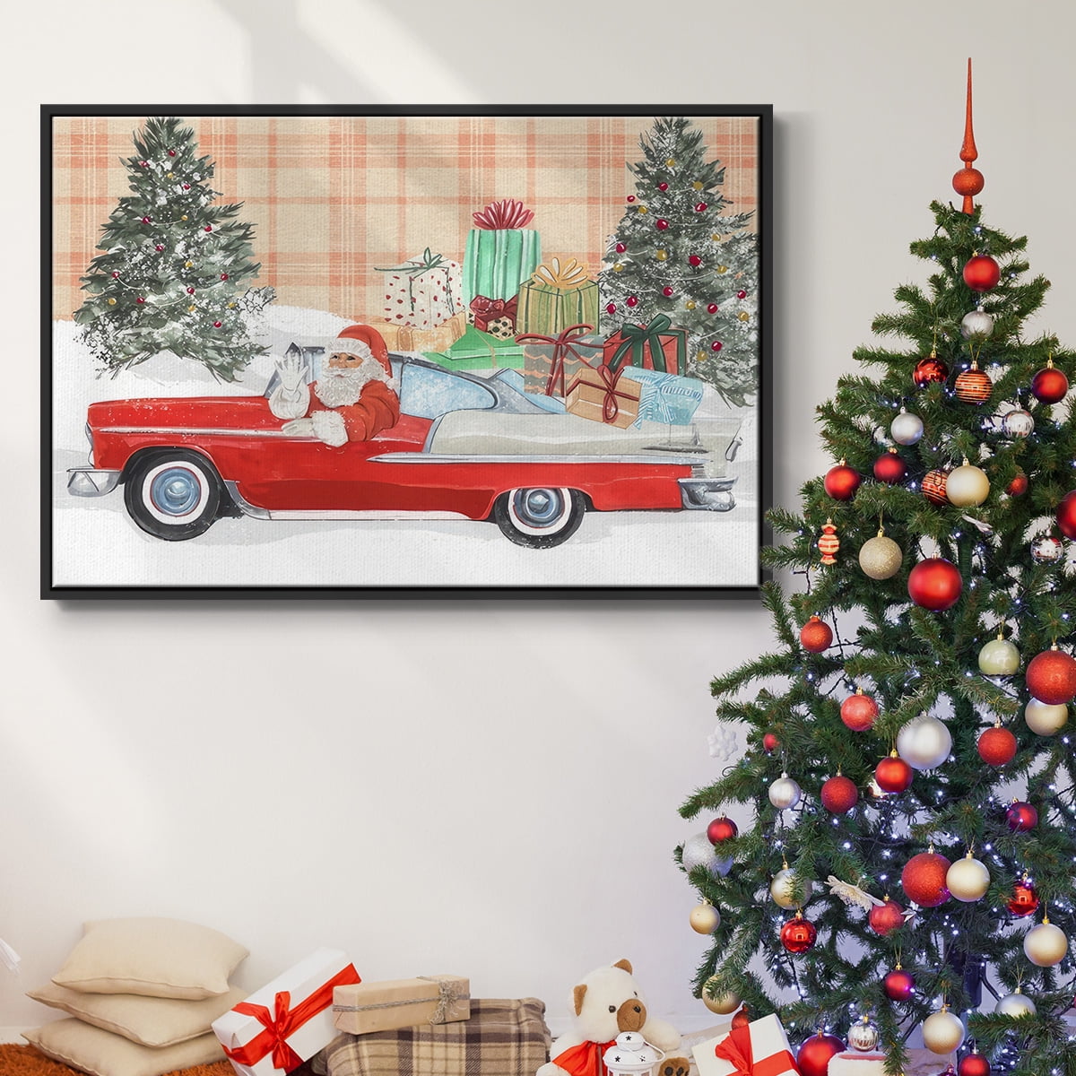 Santa on Wheels Collection A - Framed Gallery Wrapped Holiday Canvas - 17 x 25 - Black Frame