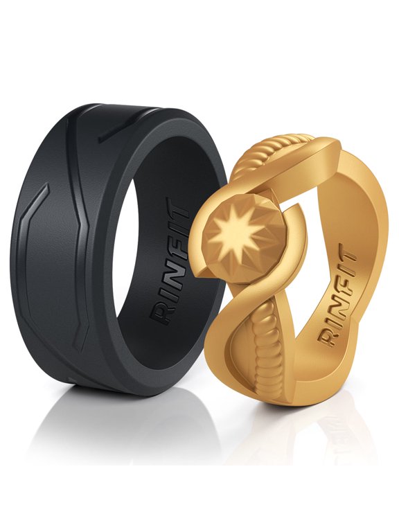 Silicone Rings for Women & Men; Silicone Wedding Bands Women or Men; Couple Sets; Rubber Wedding Rings for Women & Men; Great for Sports, Yoga and Exercise; Black and Gold, Set #77