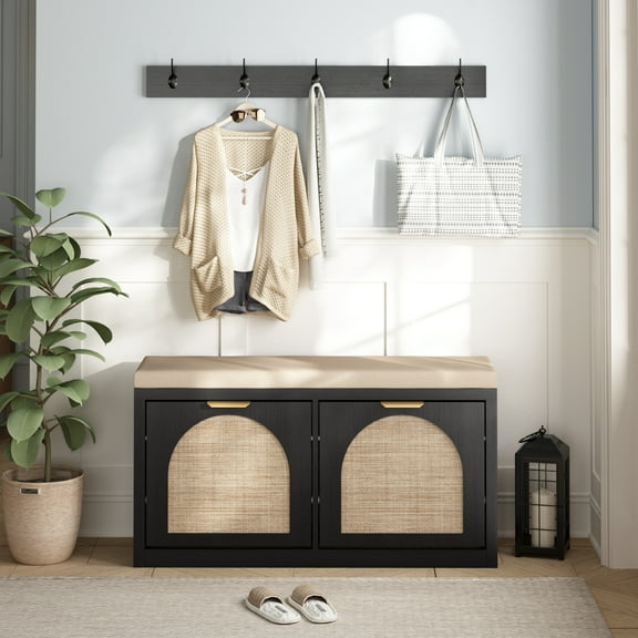 PieDle Shoe Storage Bench with Coat Rack, Arched Rattan Entryway Bench with 2 Drawers, Mid-Century Modern Hallway Cabinet for Foyer