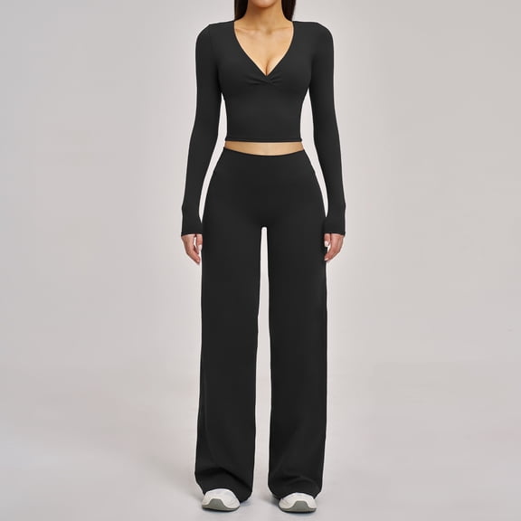 PISONIC Women 2 Pieces Workout Sets Long Sleeve V Neck Tops High Waist Flared Leggings Gym Sets