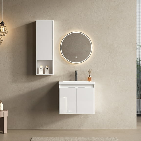 Noble House 24" Wall-Mounted Bathroom Vanity, Resin Sink, Plywood Soft-Close Doors, Wall Cabinet, Glossy White