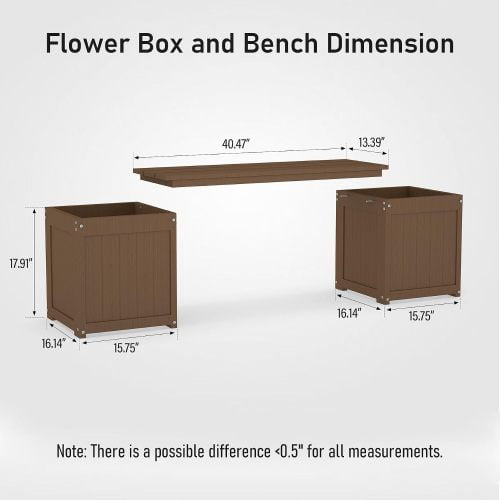 HDPE 2-in-1 Outdoor Bench with Flower Boxes, Open-Bottom Planter, Garden Patio Seating, 71 in W, Brown