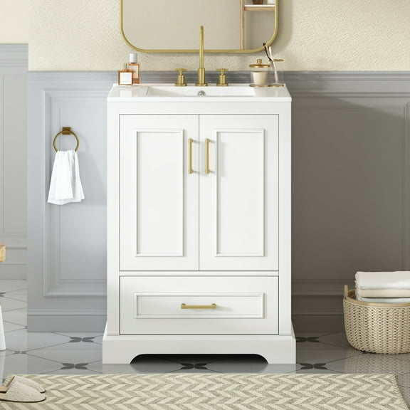 Euroco 24"Bathroom Vanity with Sink, MDF Cabinet with Solid Wood Frame, 1 Divided Drawer and 2 Soft Close Doors with Double Shelf on the Door, Freestanding Vanity