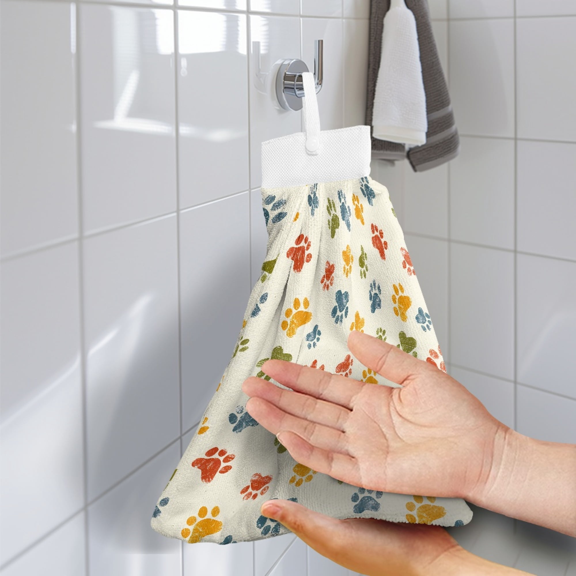 SEANATIVE Dog Paw Print Hanging Hand Towels for Kitchen Quick Dry Bathroom Hand Towels Set of 3 Tie Towel for Wiping Hands Fast Drying Hang Towel for Wiping Hands Cleaning Dishes or Countertops