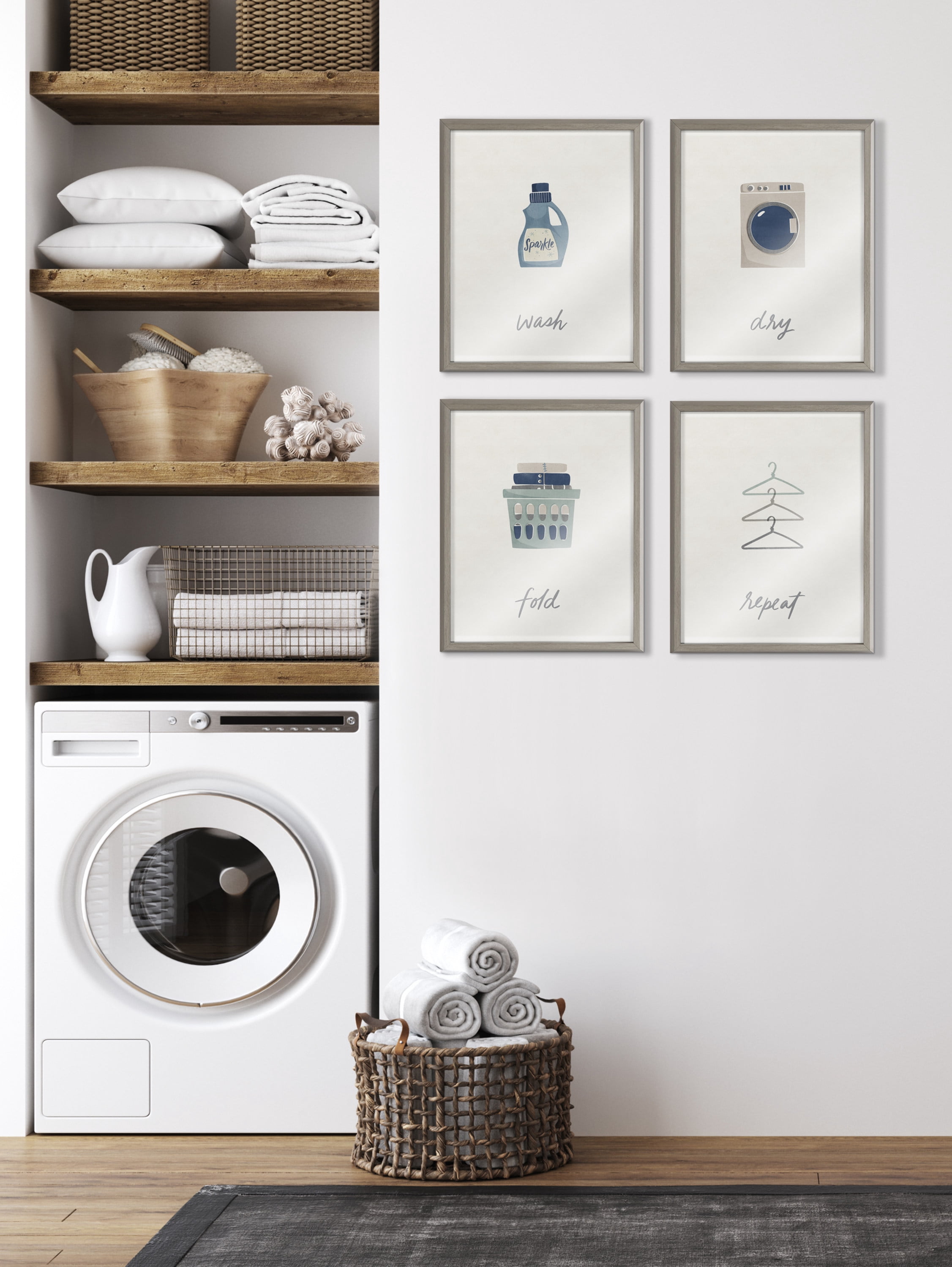 Kate and Laurel Blake Repeat Framed Printed Glass Wall Art by Elizabeth Silver, 16x20 Gray, Decorative Whimsical Laundry Themed Art Print for Wall
