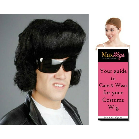 1970s King Elvis color Black - Enigma Wigs Presley Black Vegas Big Hair Greaser Bundle w/ Cap, MaxWigs Costume Wig Care Guide