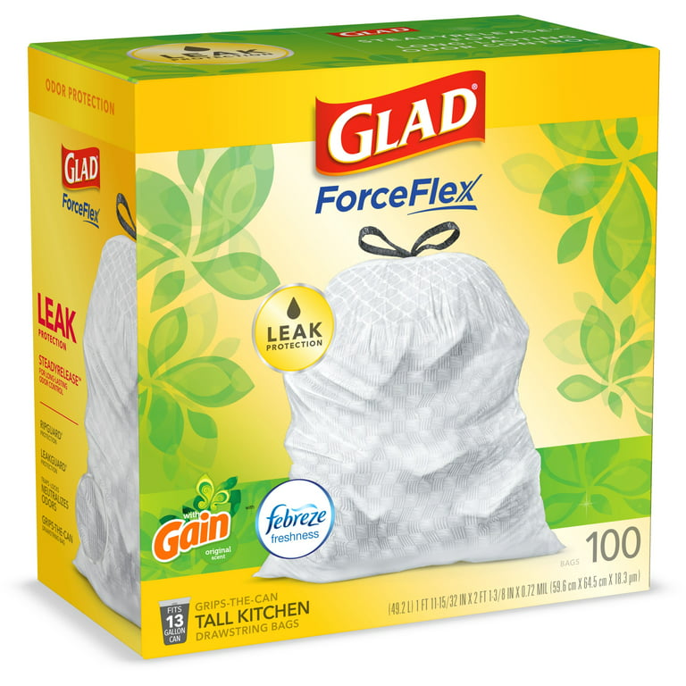 GLAD ForceFlex Tall Drawstring Trash Bags, 13 Gallon White Trash