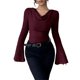 thumbnail image 2 of Camisetas de Punto Acanalado con Cuello Vuelto y Larga para Mujer, Tops Ajustados Fruncidos para Salir, Camisetas Básicas para Otoño Vino Tinto XL, 2 of 8