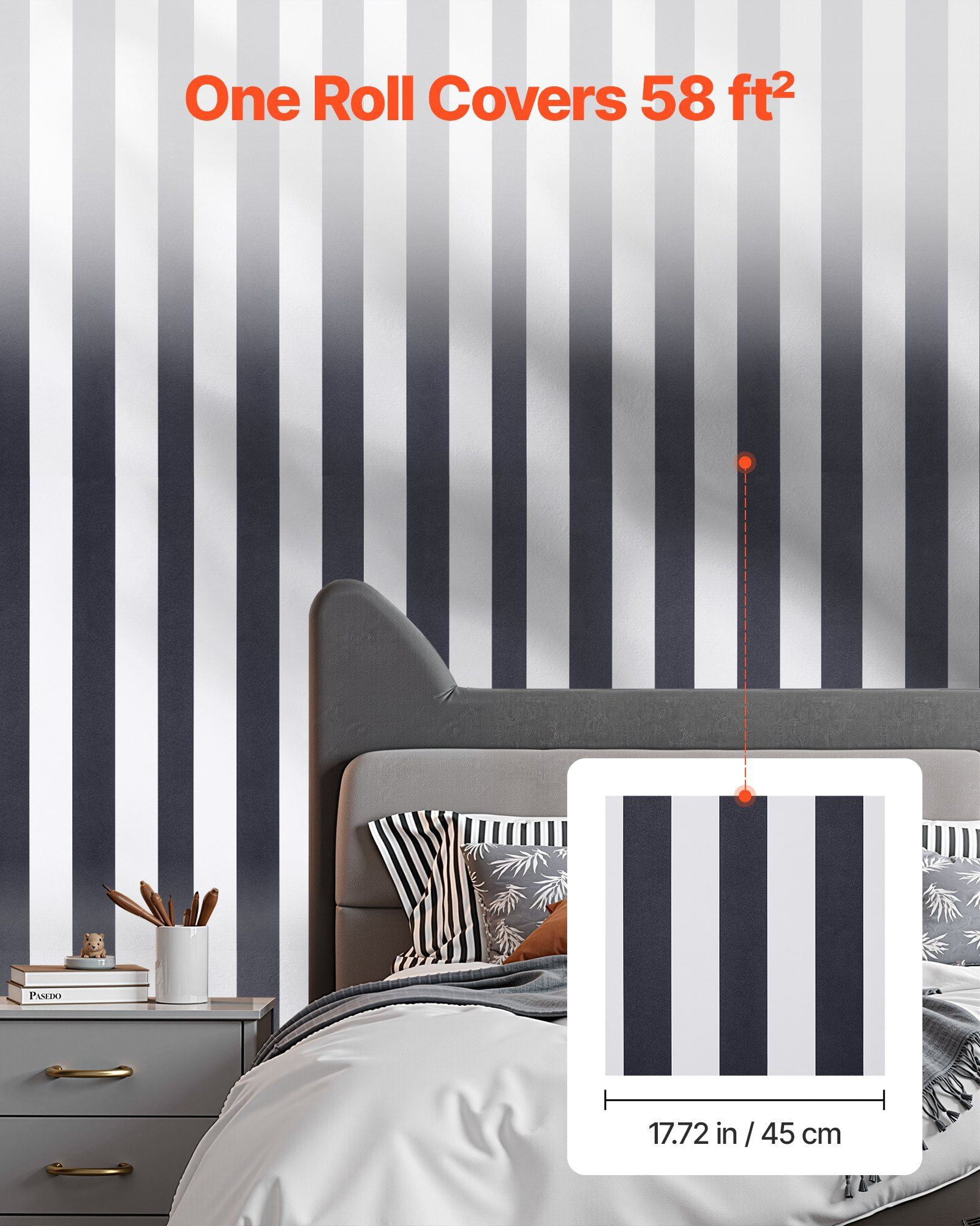 Black and White Striped Self-adhesive Wall Paper, Water-resistant Self-adhesive, Easy To Clean, Suitable for Bedrooms, Kitchens, Bathrooms, Offices, Etc.