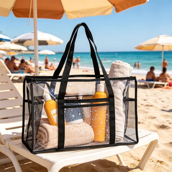 Colorful Clear Beach Bag for Women, Waterproof Sandproof Jelly Tote with Zipper, Large Spacious Pool Bag, Travel Tote for Beach Vacation Swimming, Stylish Durable Summer Tote Black